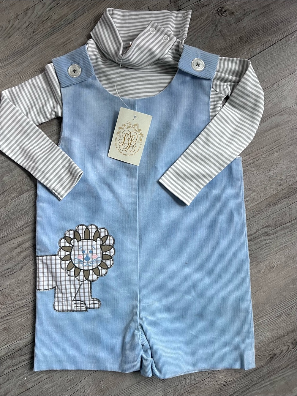 The Beaufort Bonnet Co Blue Corduroy Lion Applique Jon Jon with Gray Stripe Tee